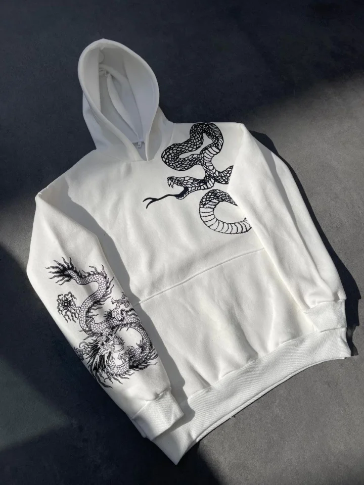 Uzun Kol Kapşonlu Baskılı SweatShirt - Beyaz görsel 3