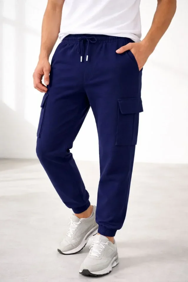 Erkek Jogger Eşofman Altı Regular Fit, Kargo Cepli, Lastikli Paça, Günlük Spor Pantolon - Lacivert
