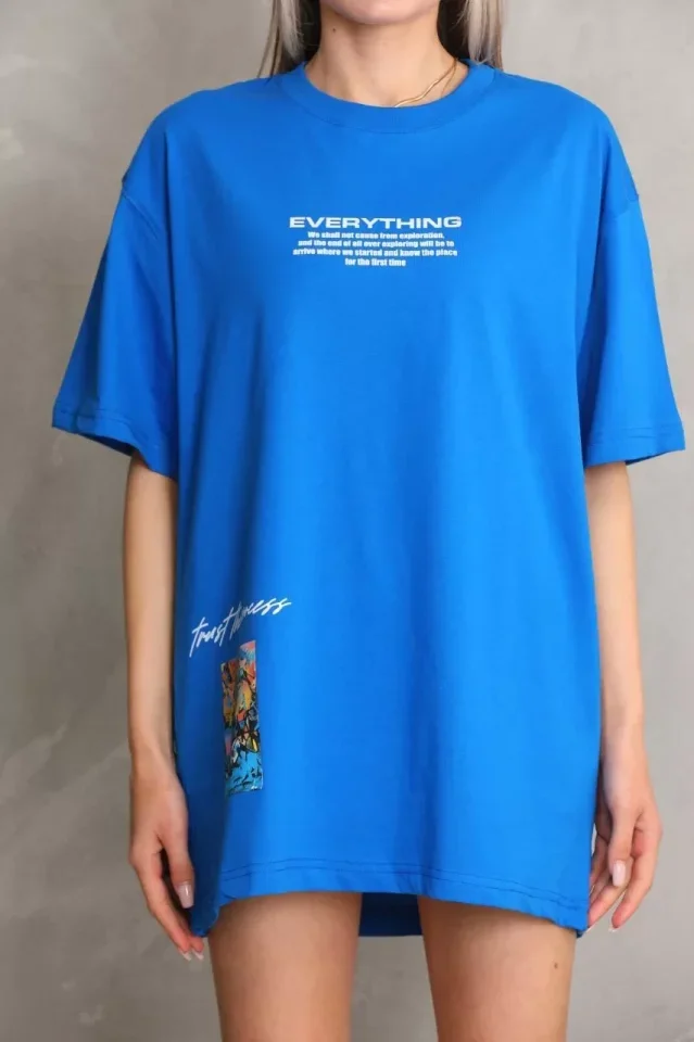 Unisex Bisiklet Yaka Baskılı Oversize T-Shirt - Mavi görsel 2