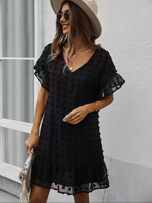 Kadın Kısa Kollu V Yakalı Kısa Puantıyeli şifon Elbise görsel 5