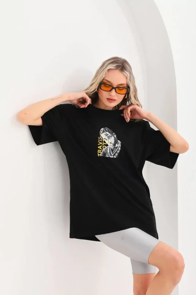 Unisex Baskılı Oversize T-Shirt - Siyah görsel 4