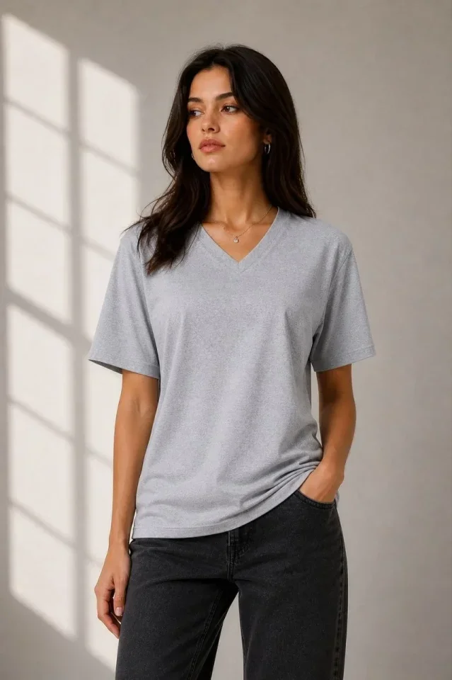 V Yaka Basic Tişört Kısa Kol Yazlık Regular Fit T-Shirt - Gri görsel 3