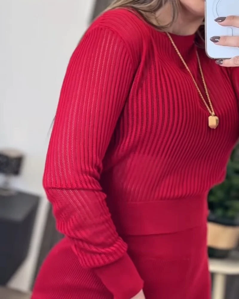 Kadın Uzun Kollu Yuvarlak Yaka Transparan Detaylı Triko Bluz Ve Pantolon Ikili Takım görsel 3