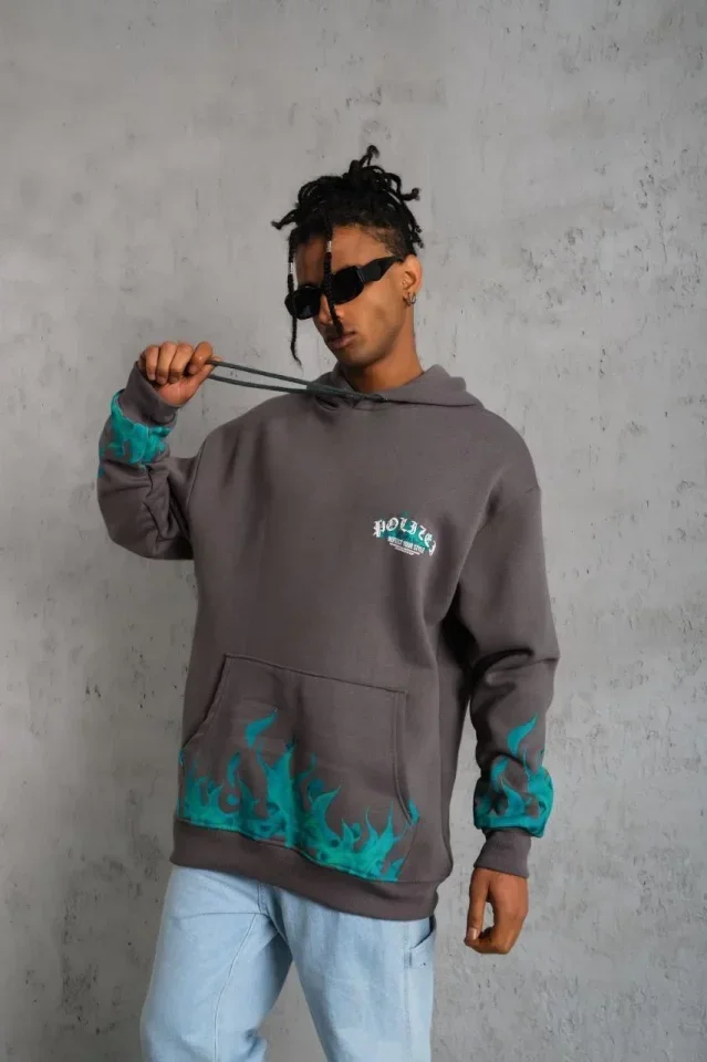 Erkek Üç İplik İçi Pamuklu Alev Baskılı Kapüşonlu Sweatshirt - Gri görsel 3