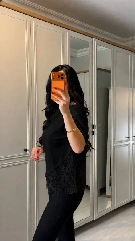 Kadın Kısa Kollu Bisiklet Yakalı Dantel Detaylı Viskon Iki Iplik Bluz görsel 2