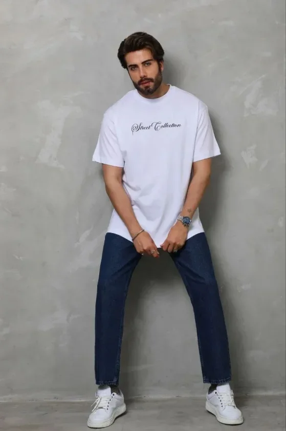 Erkek Baskılı T-Shirt Kısa Kol Bisiklet Yaka Regular Fit Rahat Kalıp Günlük Tişört - Beyaz