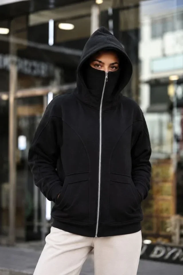 Maskeli Ninja Model Çift Kapüşonlu 3 İplik Şardonlu Fermuarlı Oversize Sweatshirt - Siyah görsel 4