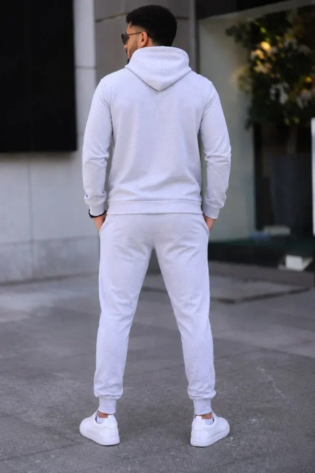 Erkek İki İplik Kapüşonlu Kanguru Cepli Sweatshirt Jogger Pantolon Alt Üst Eşofman Takımı -Beyaz görsel 2