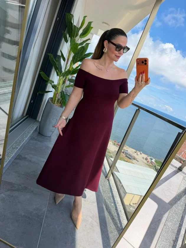 Kadın Madonna Yaka Midi Boy Modal Elbise görsel 3