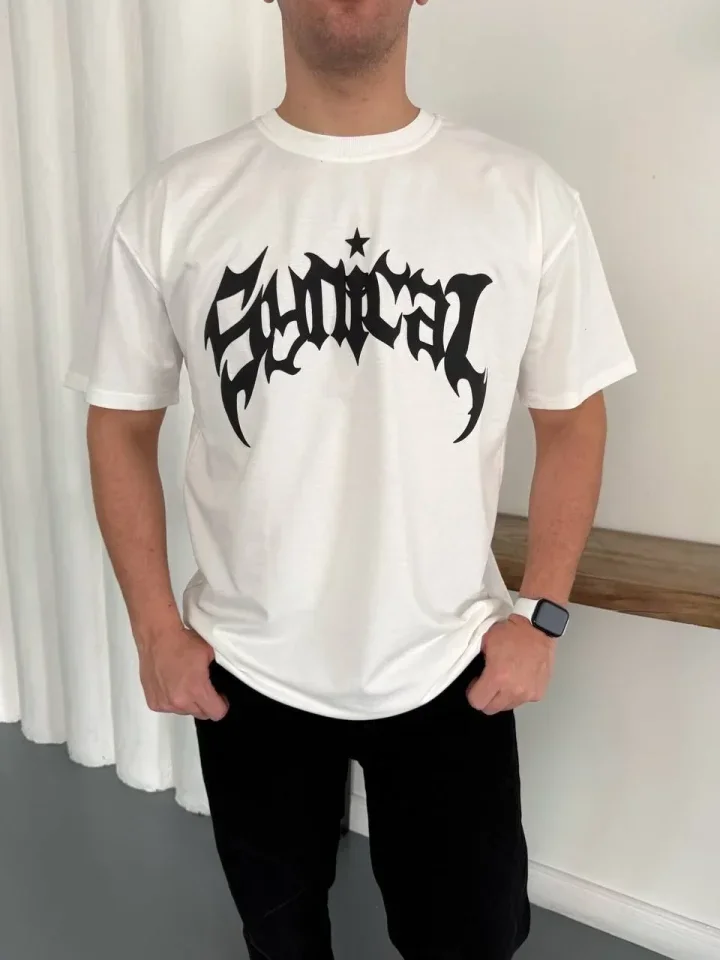 Erkek Bisiklet Yaka Ön Baskılı Kısa Kollu Tişört Streetwear Günlük Basic Pamuklu T-shirt - Beyaz görsel 3