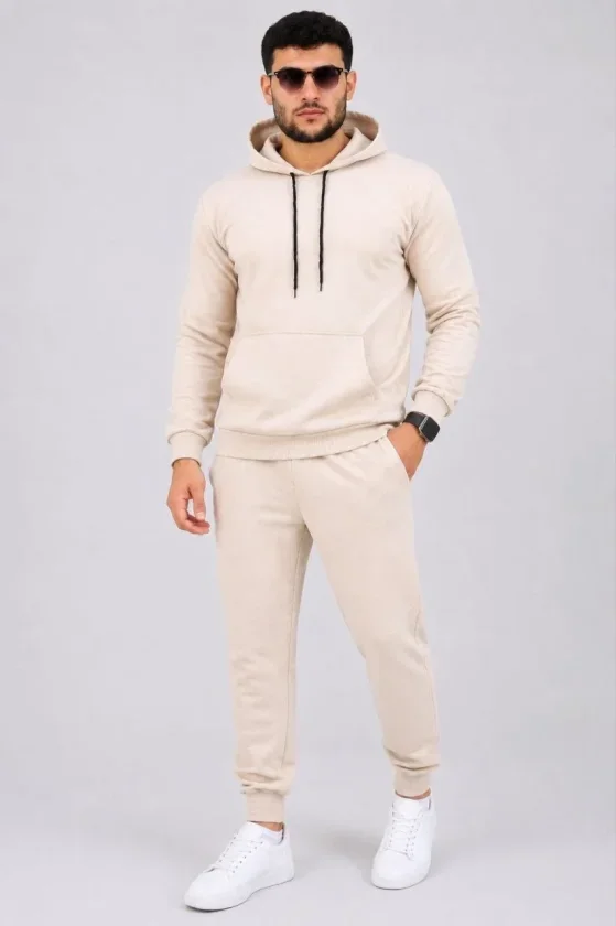 Erkek İki İplik Kapüşonlu Kanguru Cepli Sweatshirt Jogger Pantolon Alt Üst Eşofman Takımı -Bej