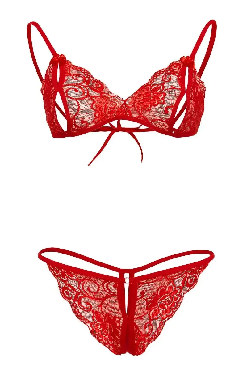 Kırmızı Dantelli Fantazi Sütyen ve G-String Takım TM2048 görsel 3
