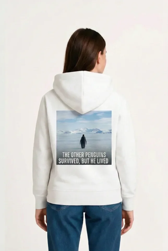 Oversize Hoodie - Sırt Baskılı Survivor Penguin Temalı, Felsefi Yazılı Kapüşonlu Sweatshirt - Beyaz görsel 2