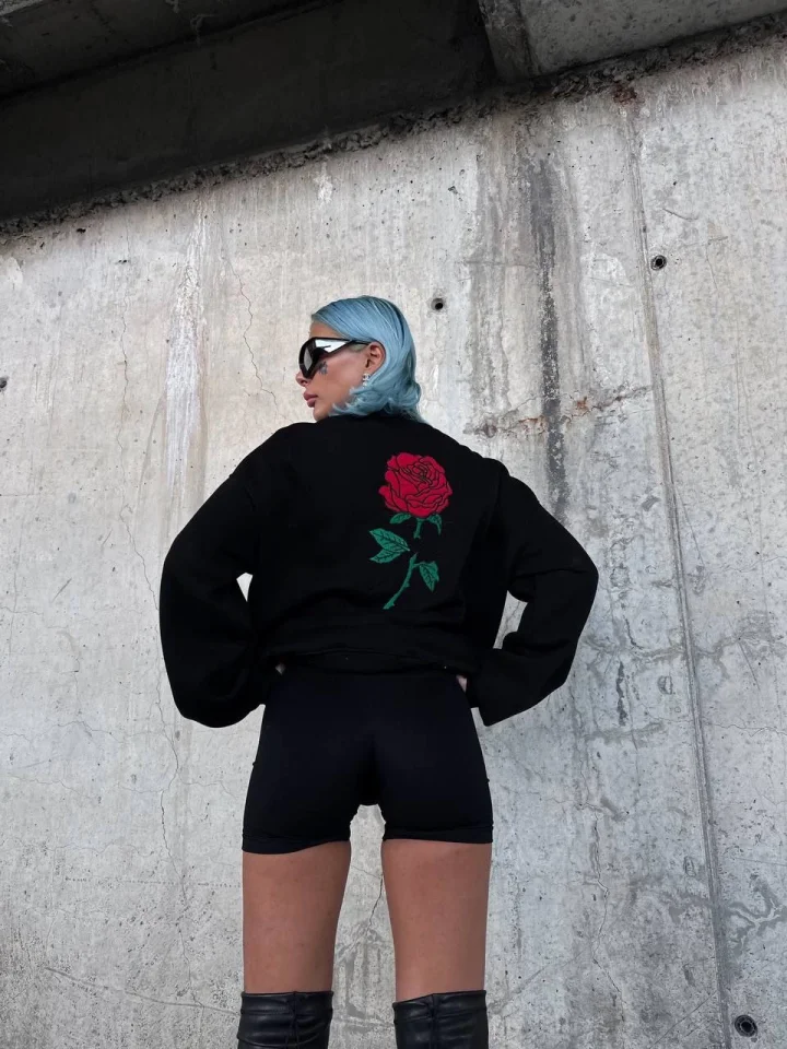 Oversize Üç İplik Bisiklet Yaka Baskılı SweatShirt - Siyah görsel 3