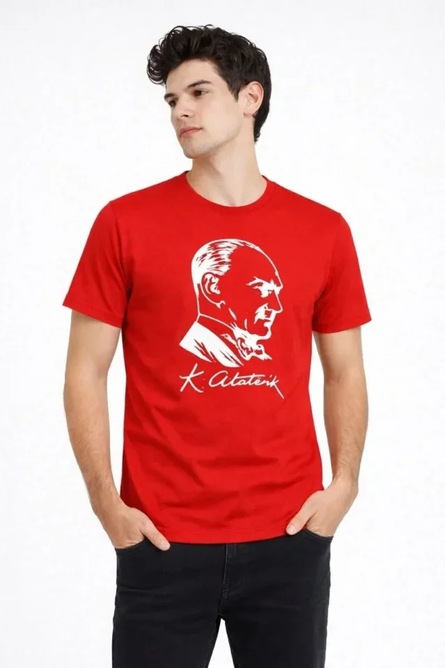 Erkek Atatürk Baskılı Tişört Kısa Kollu Bisiklet Yaka T-Shirt - Kırmızı görsel 2