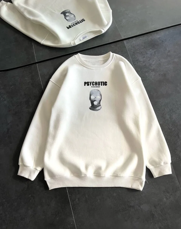 Kışlık Bisiklet Yaka Baskılı SweatShirt - Beyaz görsel 2