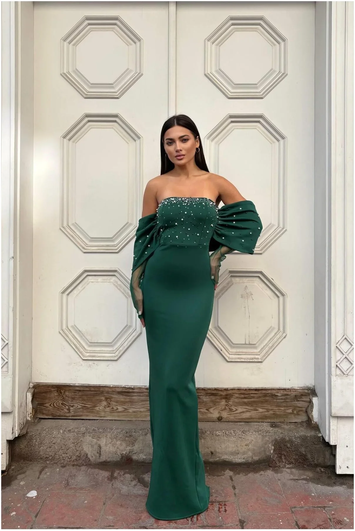 Kadın Trend Model Esnek Tül Kumaş Straplez Abiye Elbise