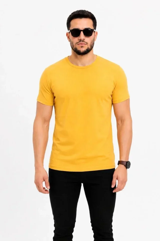 Erkek Basic Tişört Bisiklet Yaka Kısa Kol Günlük Yazlık Slim Fit T-Shirt - Sarı görsel 2