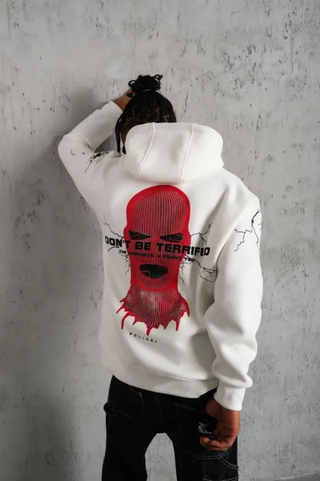 Erkek Maske Baskılı Kapüşonlu Sweat - Beyaz görsel 4