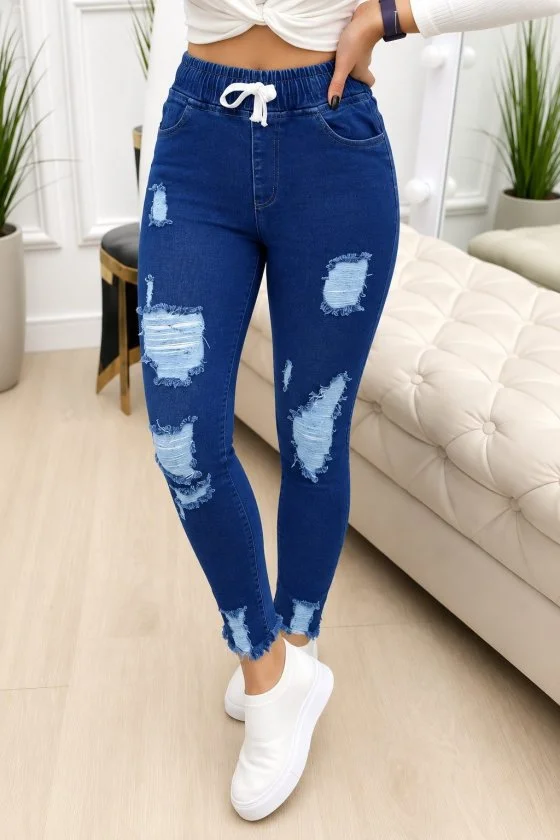 Kadın Yüksek Bel Beli Bağcıklı önden Yırtık Desenli Kot Pantolon görsel 2