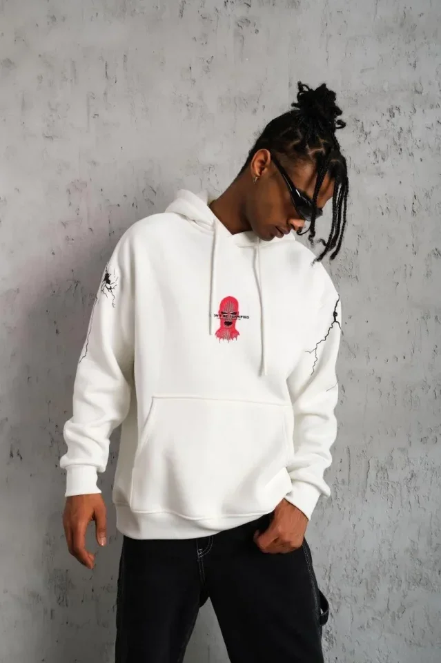 Erkek Maske Baskılı Kapüşonlu Sweat - Beyaz görsel 3