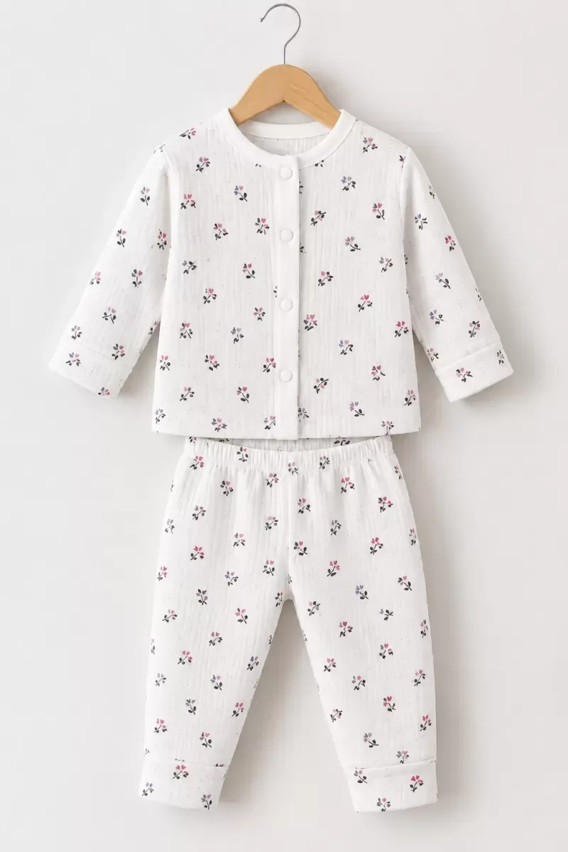 3-12 Ay Çiçek Baskılı Çıtçıtlı Penye Bebek Pijama Takımı