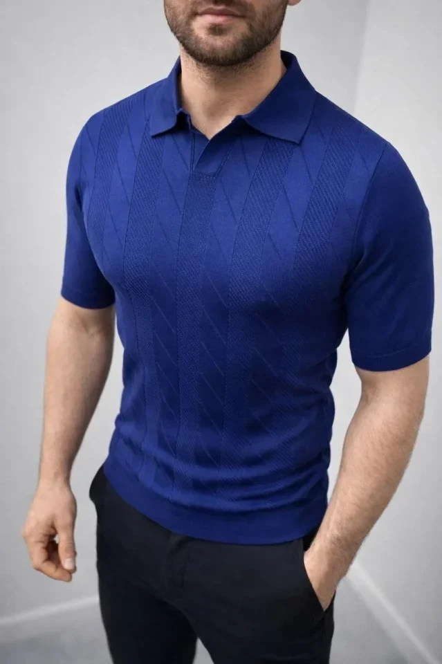 Erkek Yazlık Triko Dokuma Tişört Kısa Kol Polo Yaka T-Shirt - Lacivert görsel 4