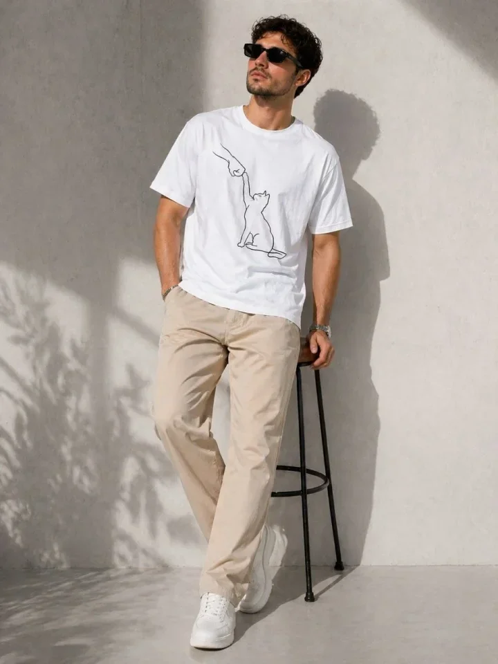 Erkek Minimal Kedi Çizim Baskılı Tişört Kısa Kol Yazlık T-Shirt - Beyaz görsel 3