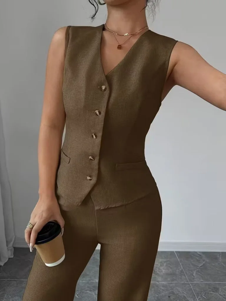 Kadın Askılı önden Düğmeli Bluz Ve Pantolon Keten Ikili Takım görsel 2