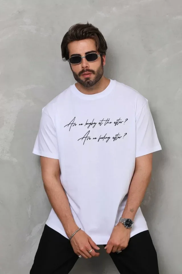 Unisex Bisiklet Yaka Baskılı Oversize T-Shirt - Beyaz görsel 2