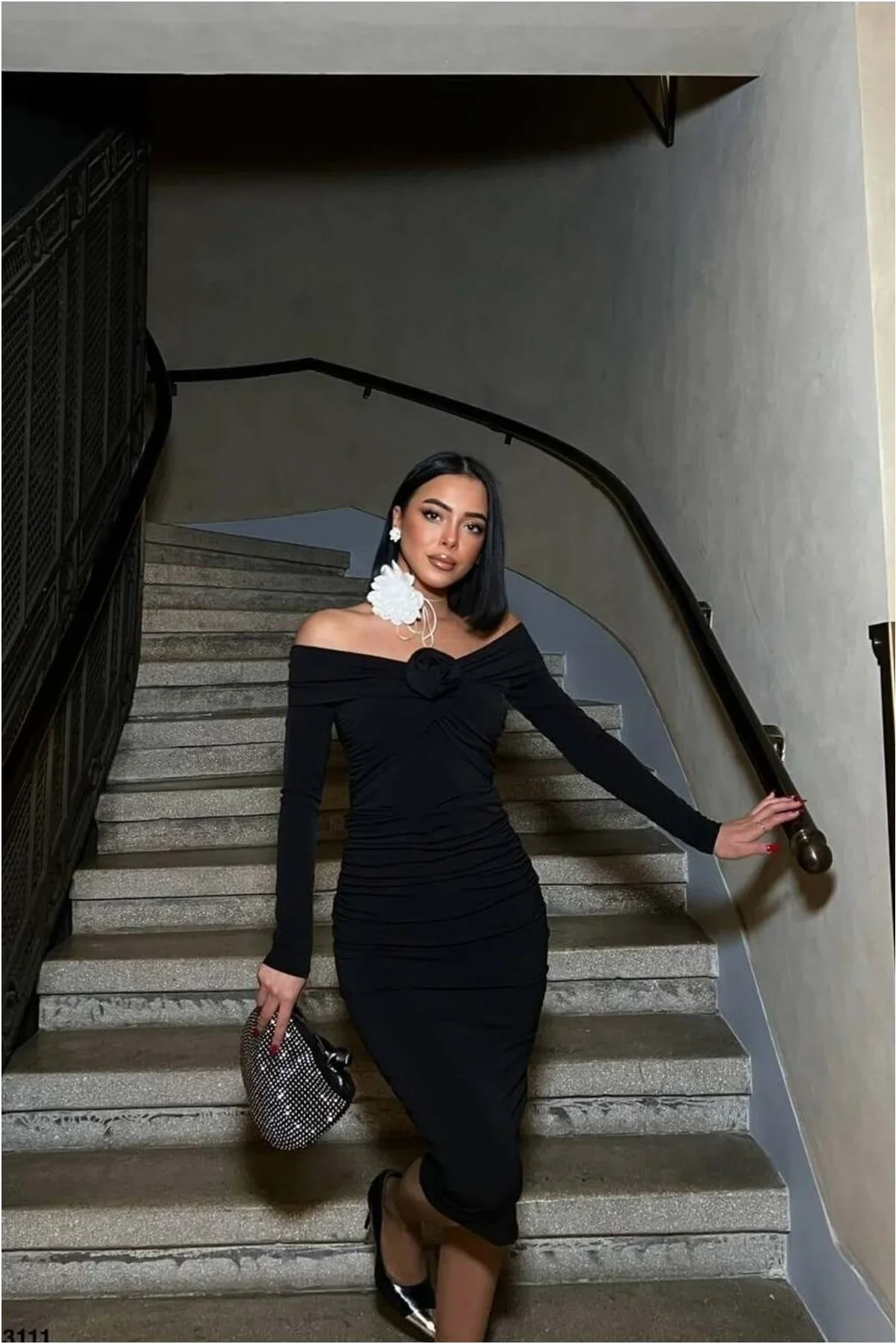 Kadın Özel Tasarım Kayık Yaka Drapeli Midi Uzun Kollu Abiye Elbise görsel 4