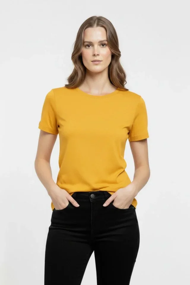 T-Shirt Bisiklet Yaka Slim Fit Likralı Tişört Günlük Basic Body - Sarı