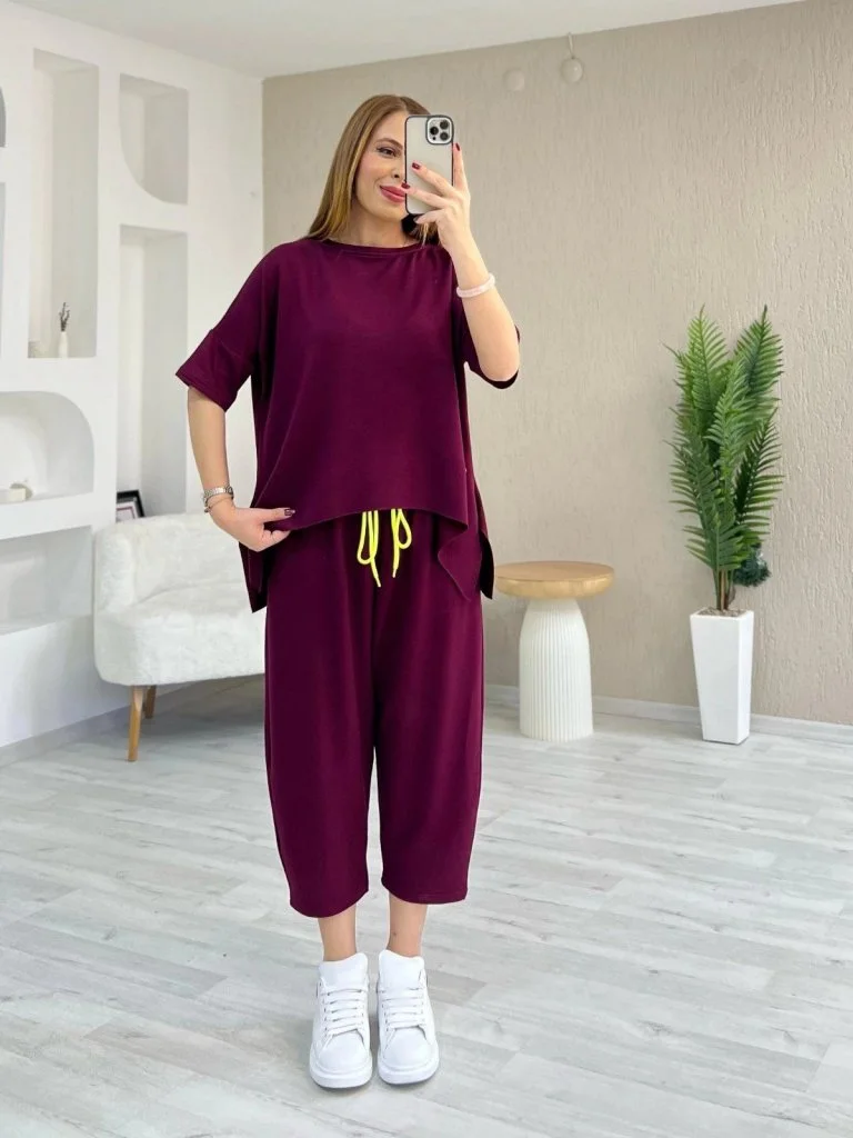 Kadın Kısa Kollu Bisiklet Yaka Viskon Iki Iplik Bluz Ve Pantolon Ikili Takım görsel 2