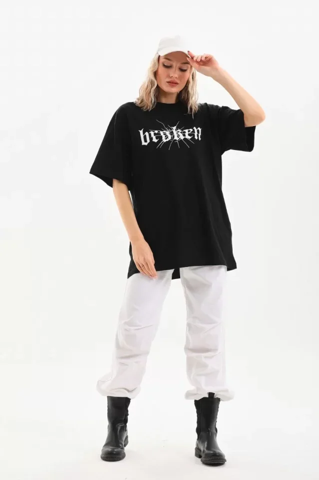 Unisex Baskılı Oversize T-Shirt - Siyah görsel 3