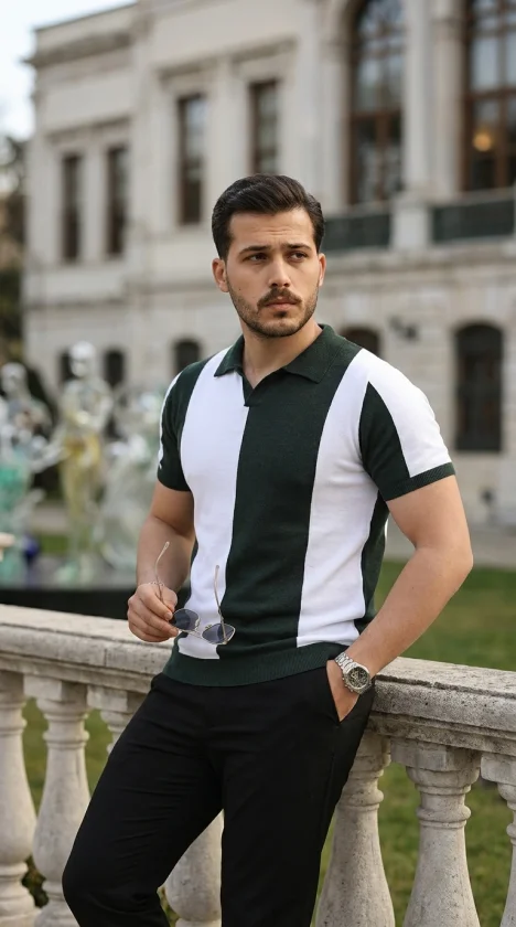 Erkek Kısa Kollu Polo Yakalı Blok Desenli Triko Bluz görsel 5