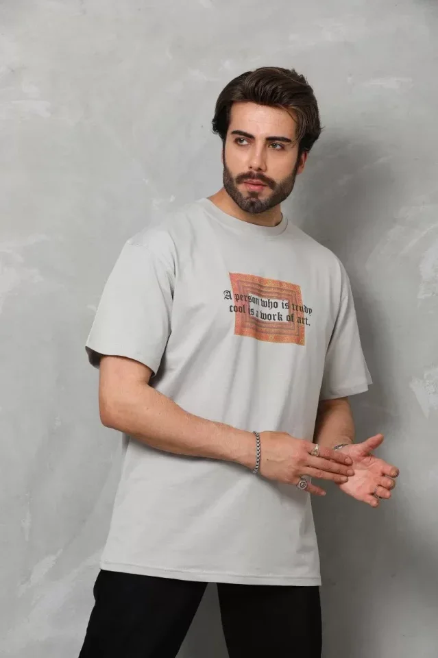 Unisex Bisiklet Yaka Baskılı Oversize T-Shirt - Gri görsel 4