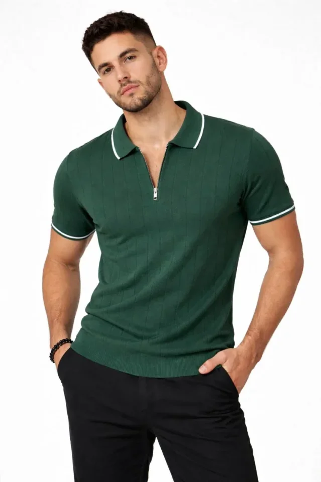 Erkek Fermuarlı Yaka Fitilli Triko Kısa Kollu Regular Fit Tişört T-shirt - Yeşil