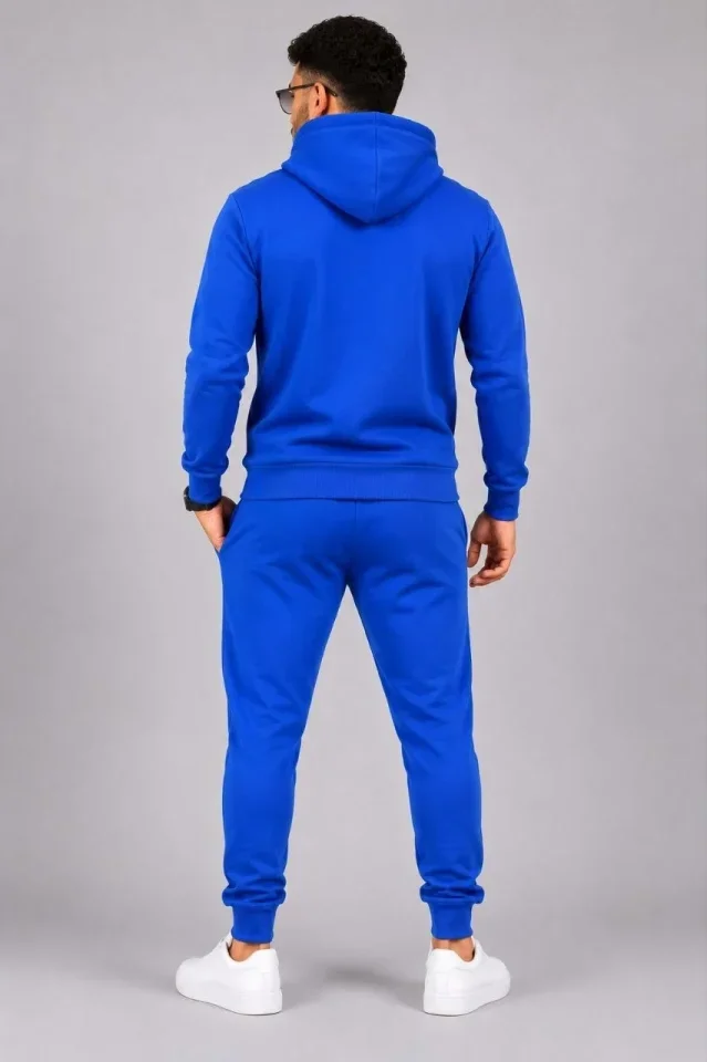 Erkek İki İplik Kapüşonlu Kanguru Cepli Sweatshirt Jogger Pantolon Alt Üst Eşofman Takımı -Saks Mavisi görsel 2