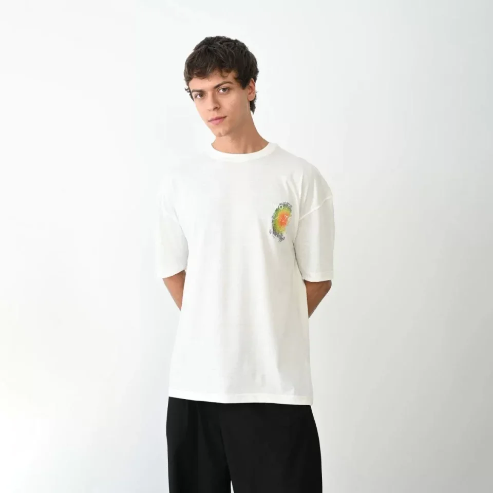 Unisex Bisiklet Yaka Baskılı Oversize T-Shirt - Beyaz görsel 3