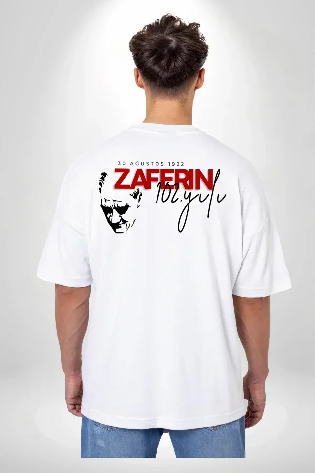 30 Ağustos Zafer Bayramı Ön Arka Baskılı Oversize Bisiklet Yaka T-shirt - Beyaz görsel 2