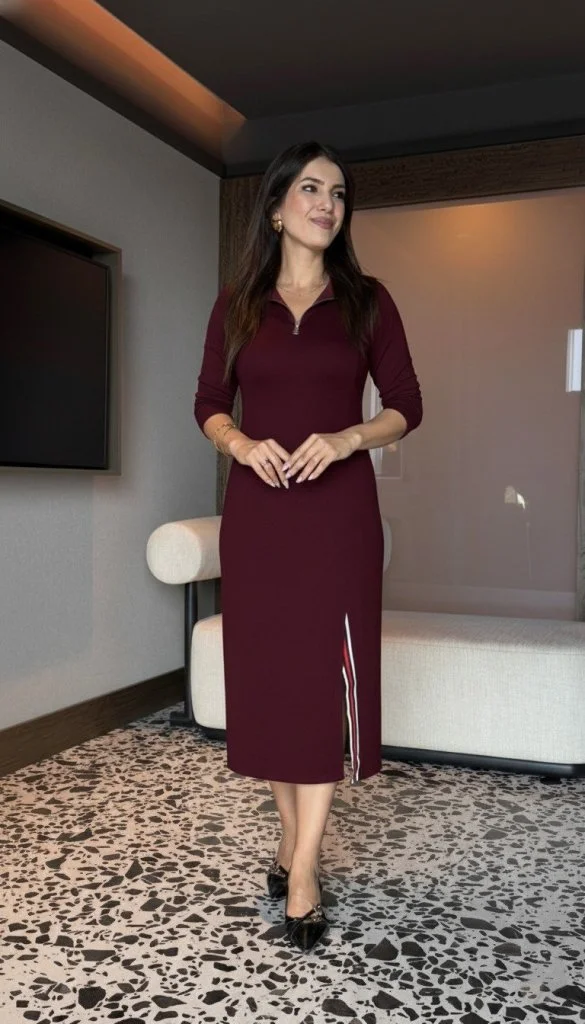 Kadın Uzun Kollu Balıkçı Yaka önden Fermuarlı Yırtmaçlı Midi Viskon Iki Iplik Elbise görsel 2