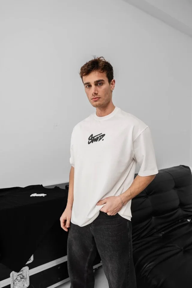 Erkek Baskılı Oversize T-shirt - Beyaz görsel 4