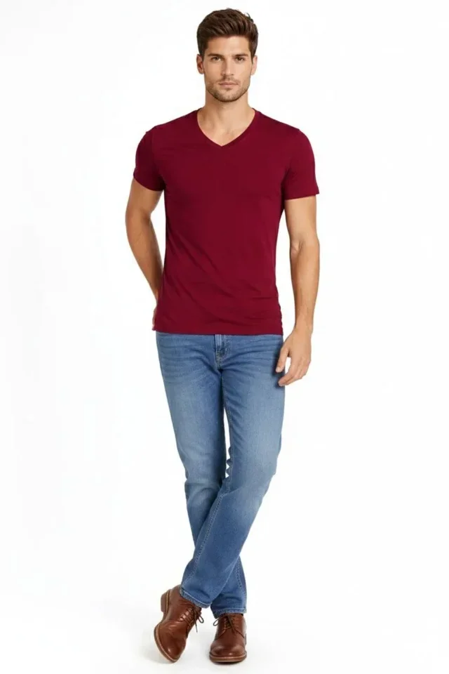 Erkek T-Shirt V Yaka Slim Fit Dar Kesim Likralı Tişört Günlük Basic Body - Bordo görsel 3