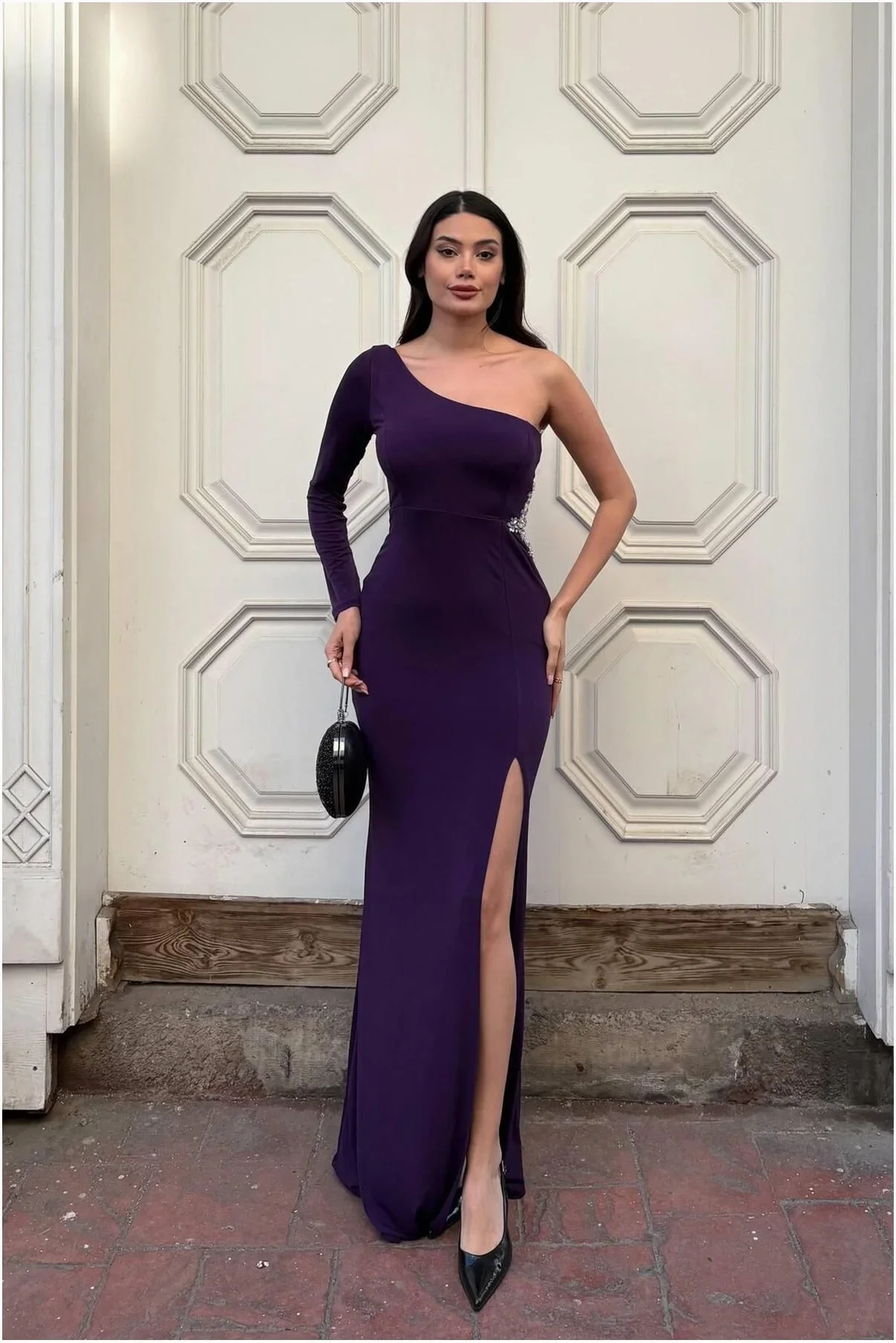 Kadın Trend Model Simli Kumaş Asimetrik Yaka Drapeli Tek Kollu Elbise