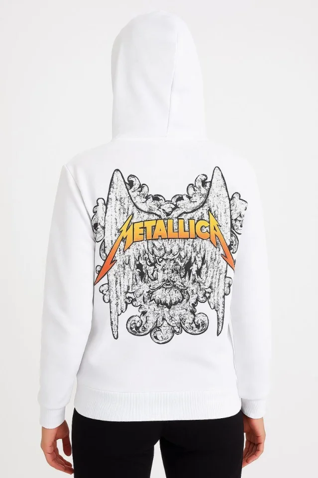 Metallica İki İplik Kapüşonlu Ön Ve Arka Baskılı Hoodie - Beyaz görsel 3