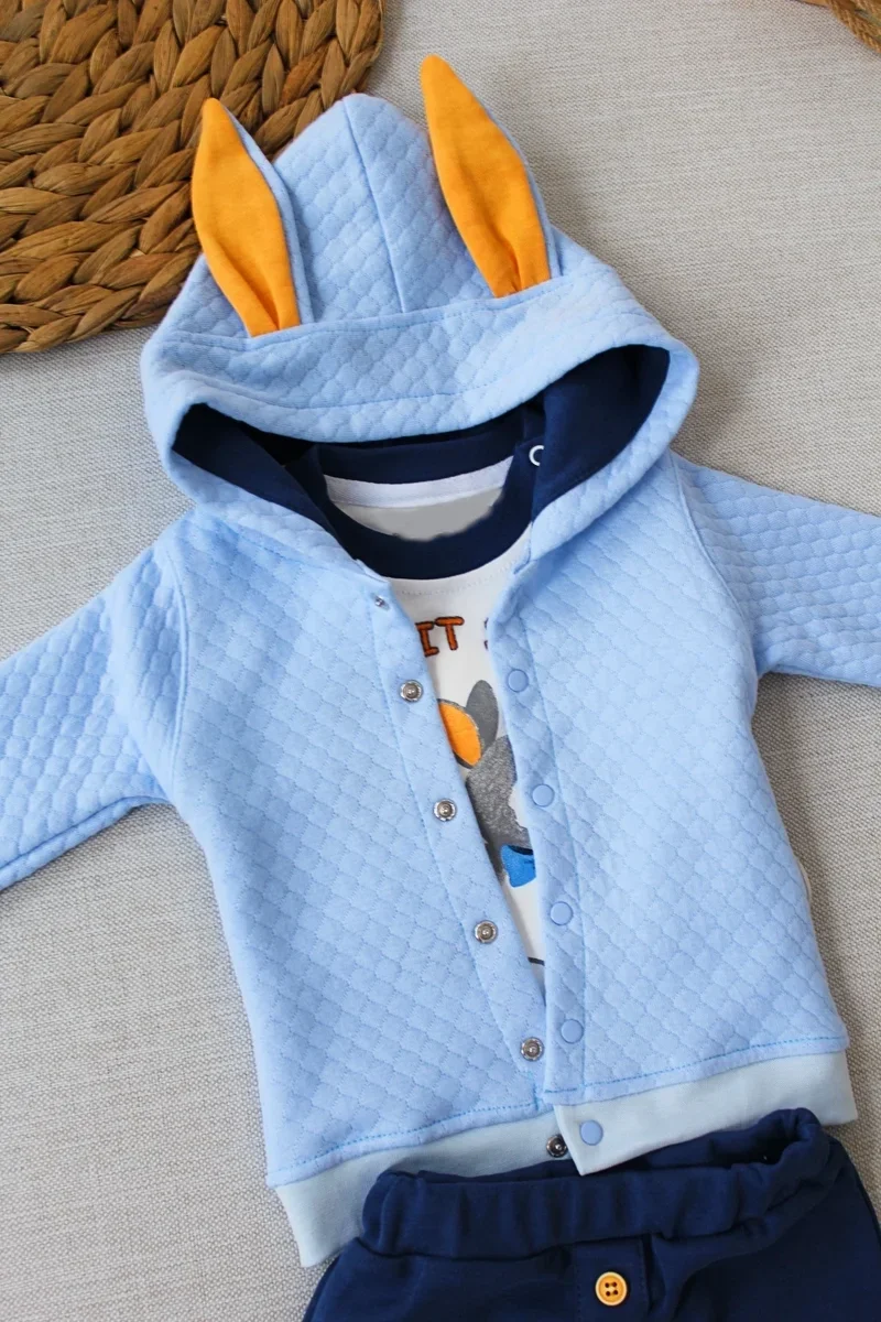 6-9-12 Ay Rabbit Şhow Nakışlı Kapşonlu Ceket Uzun Kollu Sweat Erkek Bebek 3lü Takım görsel 3