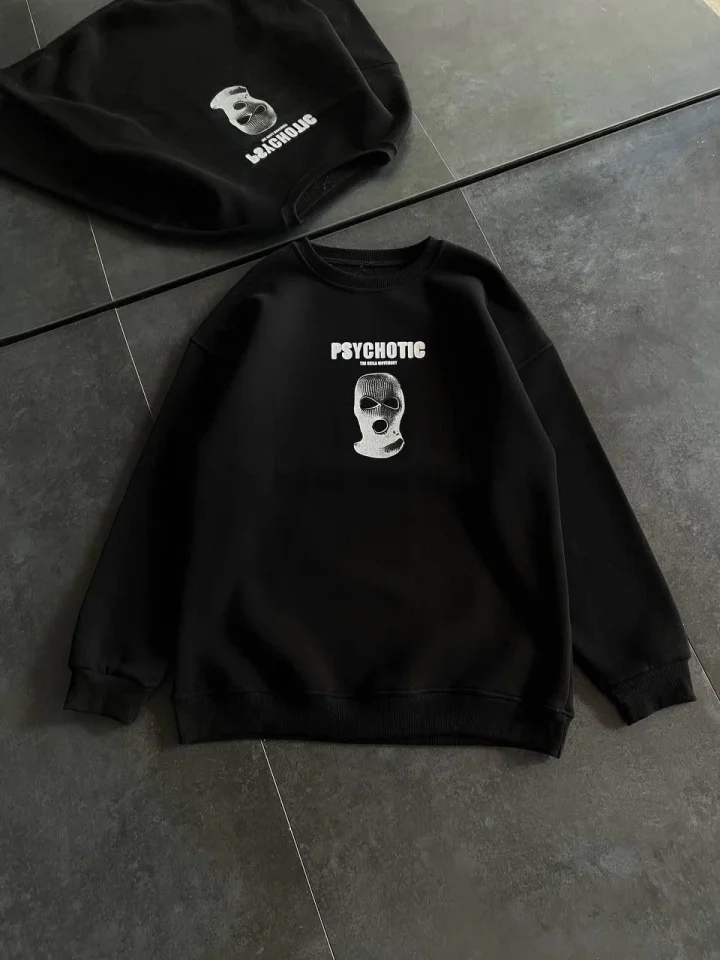 Kışlık Bisiklet Yaka Baskılı SweatShirt - Siyah görsel 2