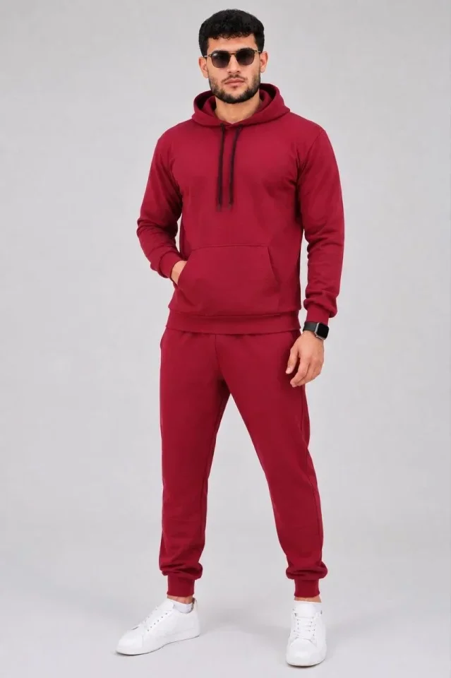 Erkek İki İplik Kapüşonlu Kanguru Cepli Sweatshirt Jogger Pantolon Alt Üst Eşofman Takımı -Bordo görsel 3