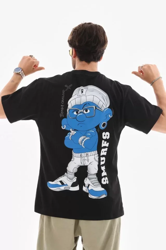 Unisex Bisiklet Yaka Baskılı Oversize T-Shirt - Siyah görsel 2