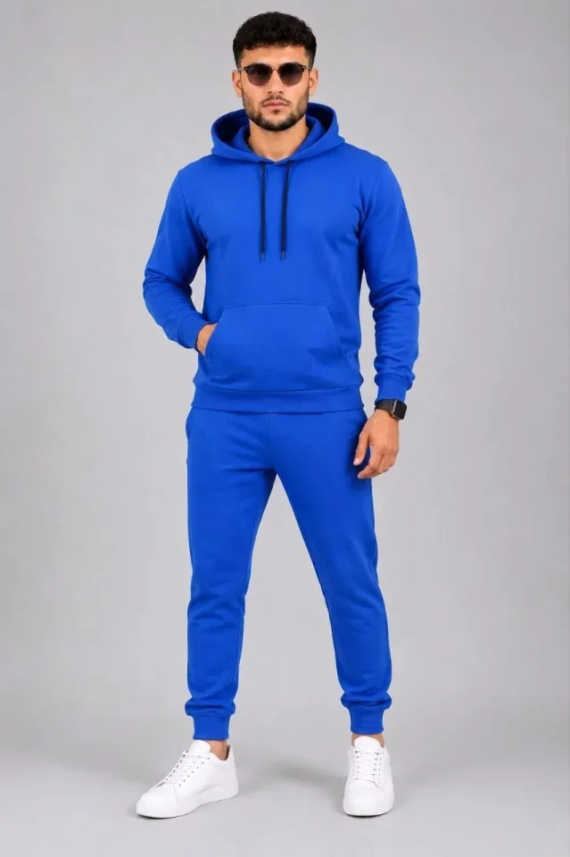 Erkek İki İplik Kapüşonlu Kanguru Cepli Sweatshirt Jogger Pantolon Alt Üst Eşofman Takımı -Saks Mavisi görsel 4